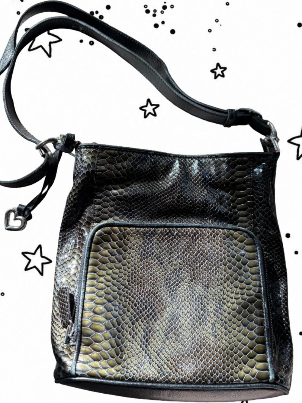 Vintage Brighton Snake Print Leather Shoulder Bag w/ Heart Charm
